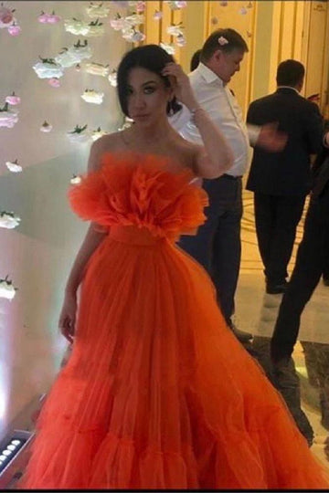 Orange Ruffles Tulle Evening Party Dresses Strapless Tiered Long Prom Dresses HZ1023